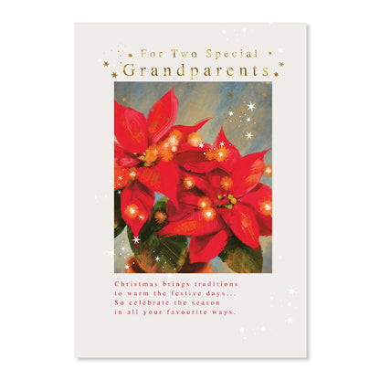 Hallmark Christmas card for grandparents featuring copper foil highlights and poinsettia illustration, celebrating the festive season.