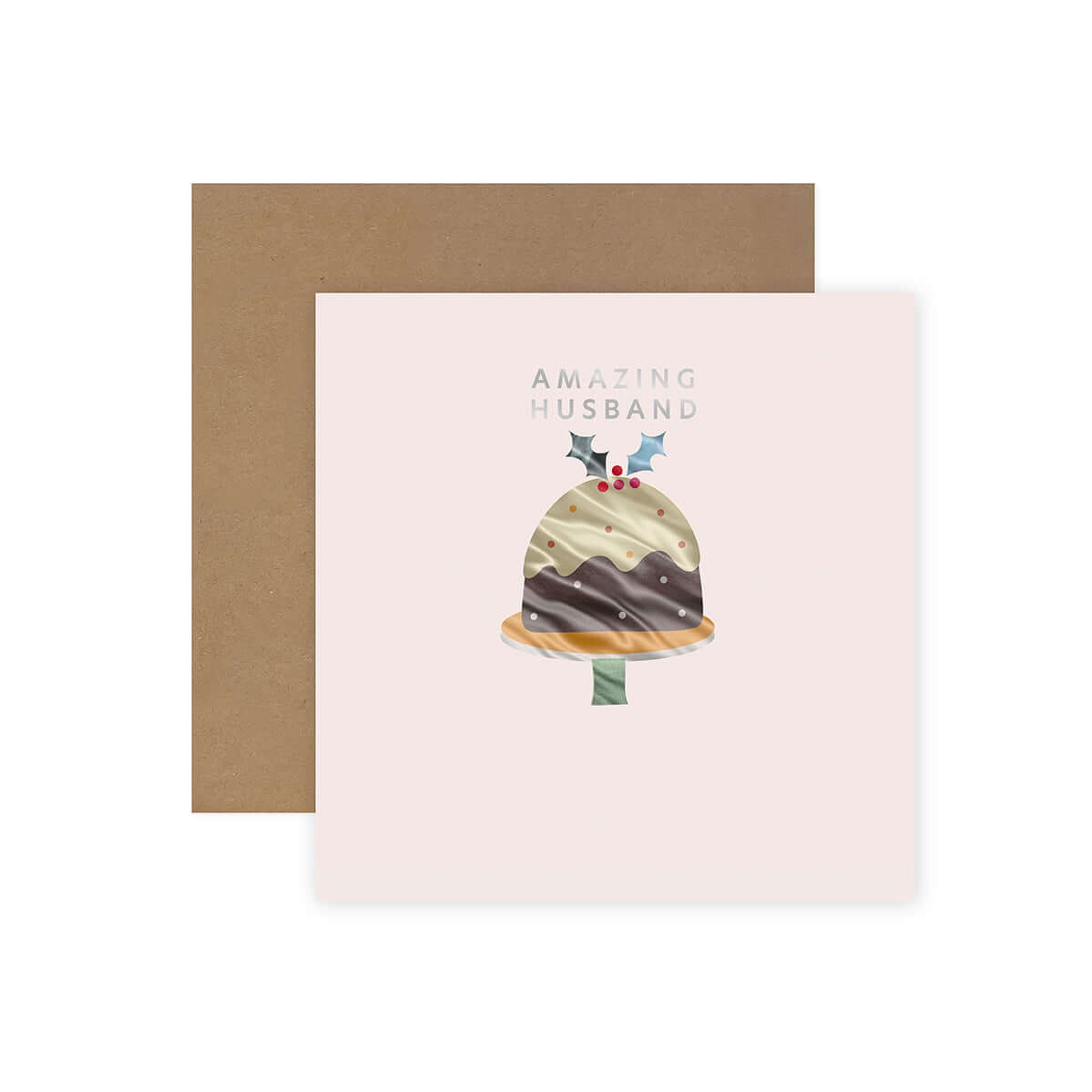 Hallmark Christmas Husband Card - Amazing Husband with Christmas pudding design and brown kraft envelope in flat lay view.