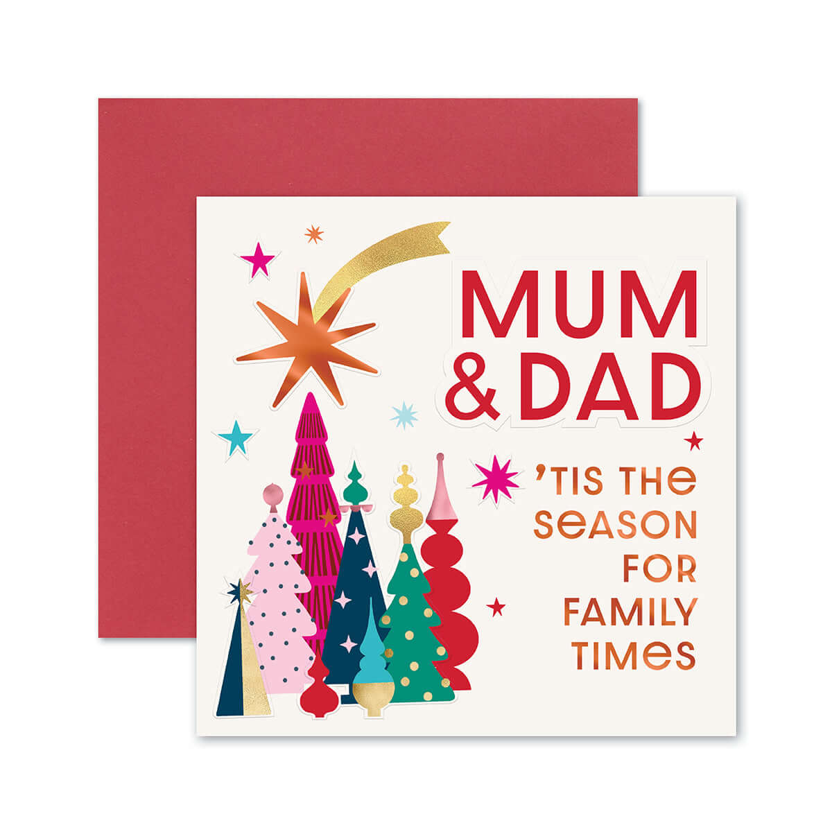 Hallmark Christmas card for Mum & Dad - 'Tis The Season, featuring colourful trees and festive design in flat lay view.