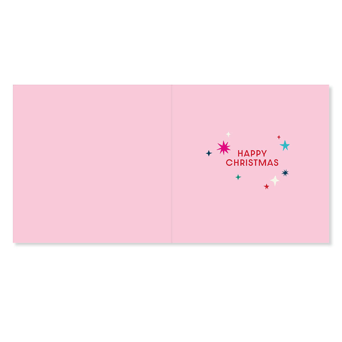 Hallmark Christmas Card For Mum & Dad - 'Tis The Season, inside view featuring pink background and colourful stars with message 'HAPPY CHRISTMAS'.