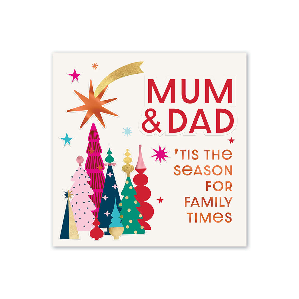 Hallmark Christmas Card For Mum & Dad - 'Tis The Season featuring colourful Christmas trees and festive star illustrations.