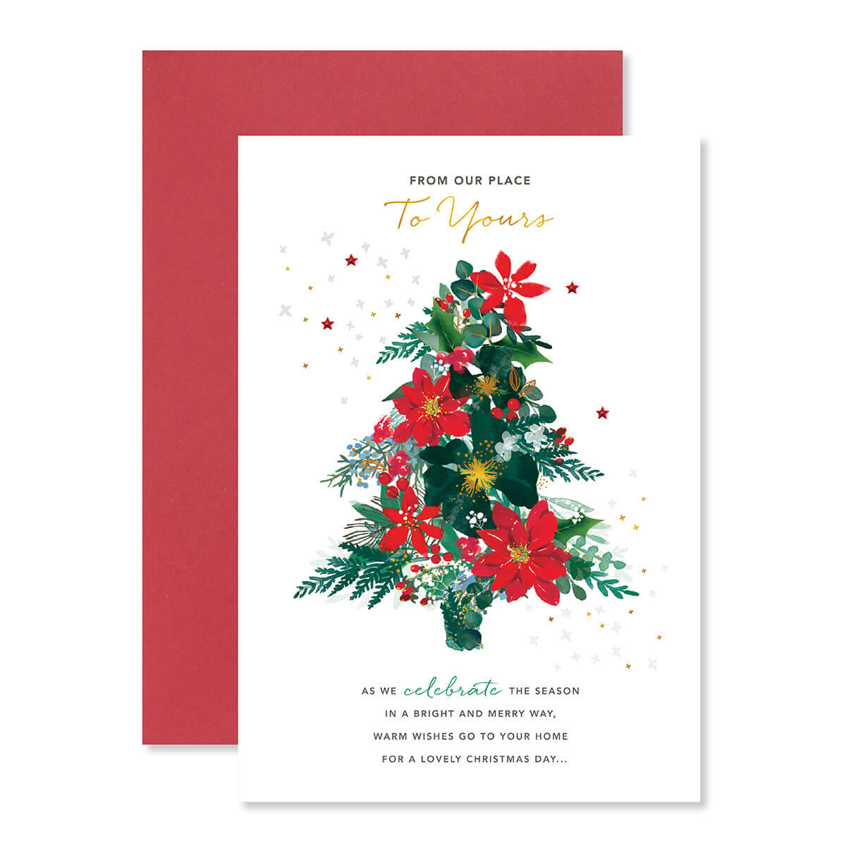Hallmark Christmas Card - From Our Place To Yours featuring a poinsettia Christmas tree illustration, gold foil accents, and a red envelope.