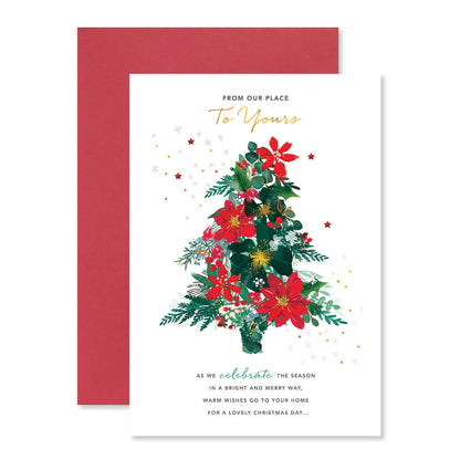 Hallmark Christmas Card - From Our Place To Yours featuring a poinsettia Christmas tree illustration, gold foil accents, and a red envelope.