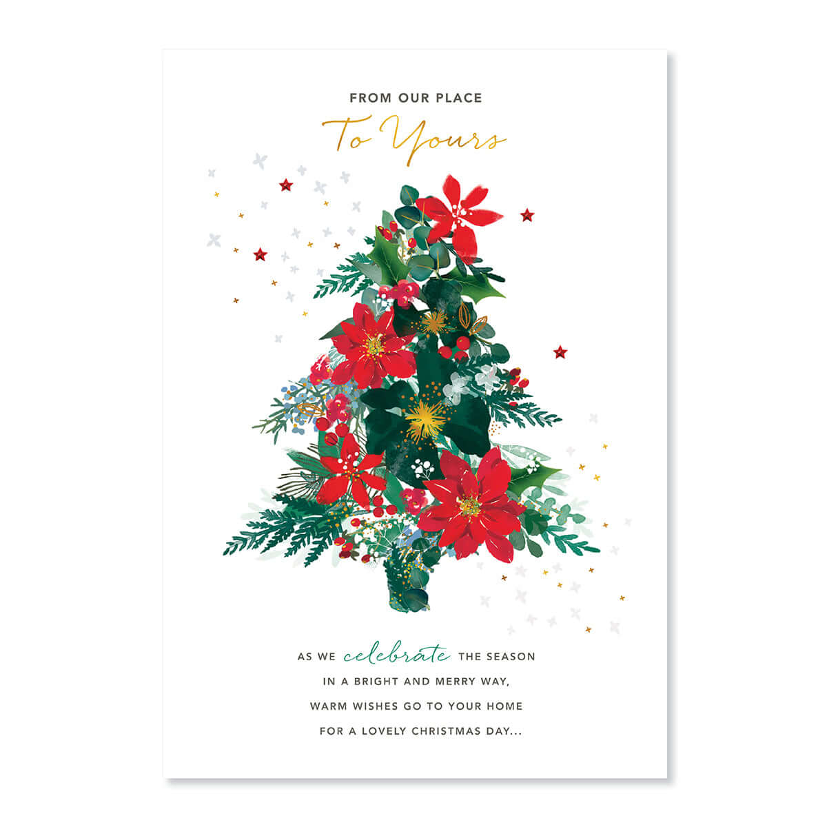Hallmark Christmas Card - From Our Place To Yours featuring a poinsettia Christmas tree design and festive gold foil highlights.