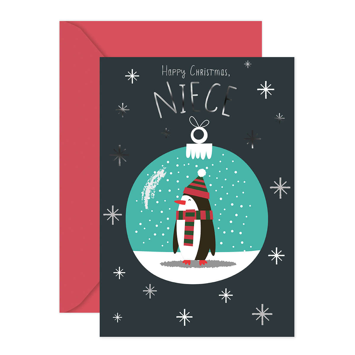 Hallmark Christmas Card - Niece featuring a cute penguin illustration, red envelope, and festive snowflake design.