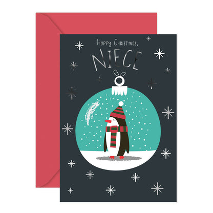 Hallmark Christmas Card - Niece featuring a cute penguin illustration, red envelope, and festive snowflake design.