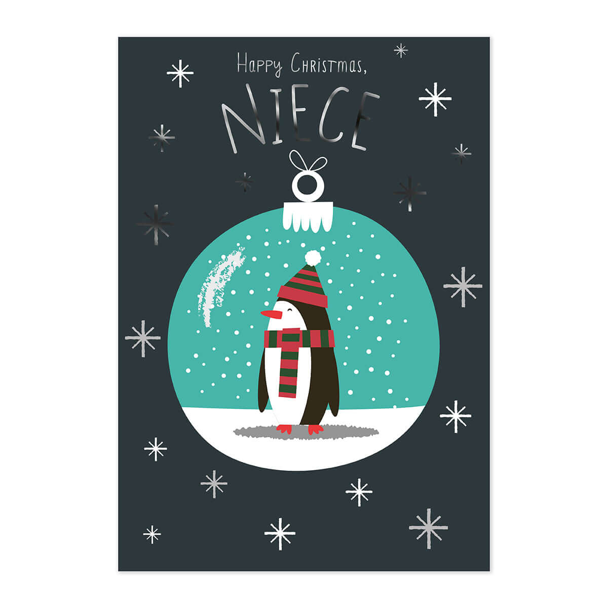 Hallmark Christmas Card - Niece featuring a penguin in a snow globe with festive colours and silver foil highlights.