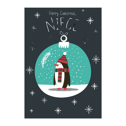 Hallmark Christmas Card - Niece featuring a penguin in a snow globe with festive colours and silver foil highlights.