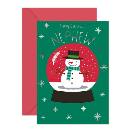 Hallmark Christmas Card - Nephew featuring a snowman in a snow globe design with red envelope, flat lay view.