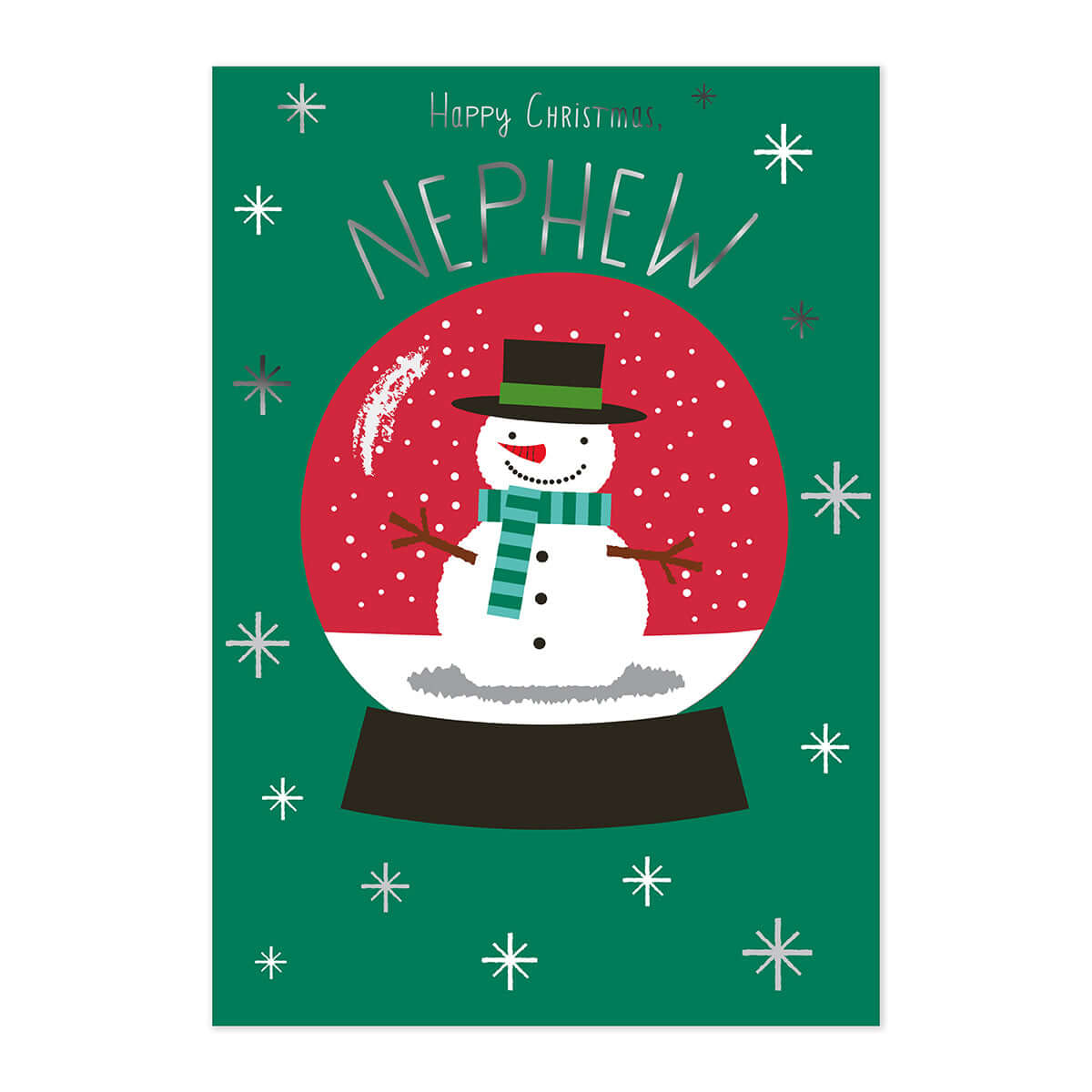 Hallmark Christmas Card - Nephew featuring a festive snowman illustration in a snow globe with a green background and silver accents.