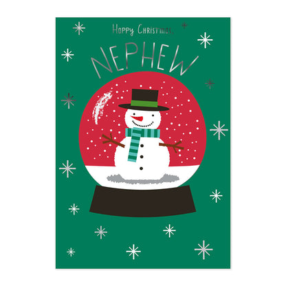 Hallmark Christmas Card - Nephew featuring a festive snowman illustration in a snow globe with a green background and silver accents.