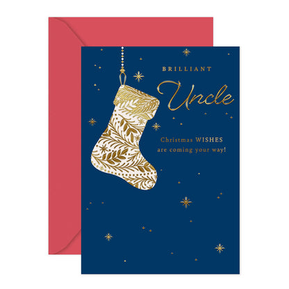 Hallmark Christmas Card - Brilliant Uncle featuring a gold foil Christmas stocking on a navy background with a red envelope.