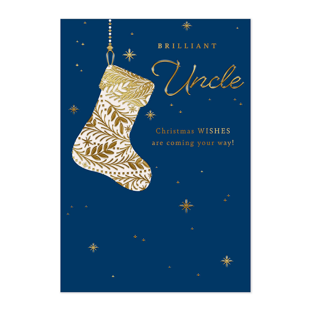 Hallmark Christmas Card - Brilliant Uncle featuring gold foil highlights on a navy background with a decorative Christmas stocking.