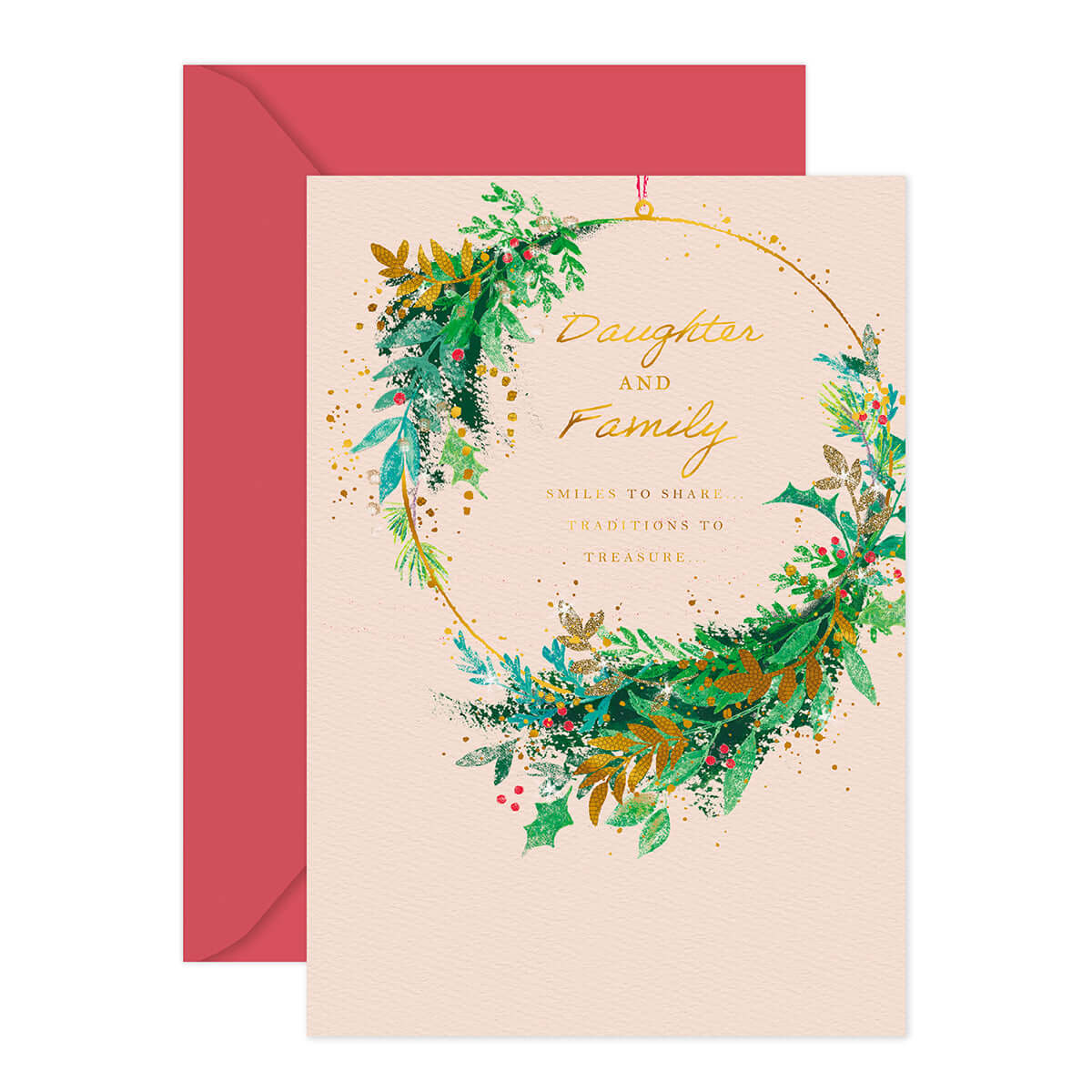 Hallmark Christmas Card - Daughter and Family, textured stock, featuring a gold foil wreath illustration, flat lay view.