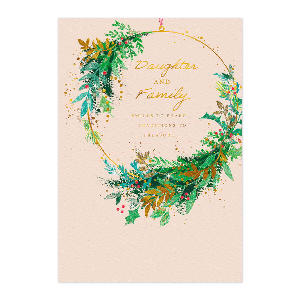 Hallmark Christmas Card - Daughter and Family featuring a gold foil wreath illustration on textured stock with vibrant colours.