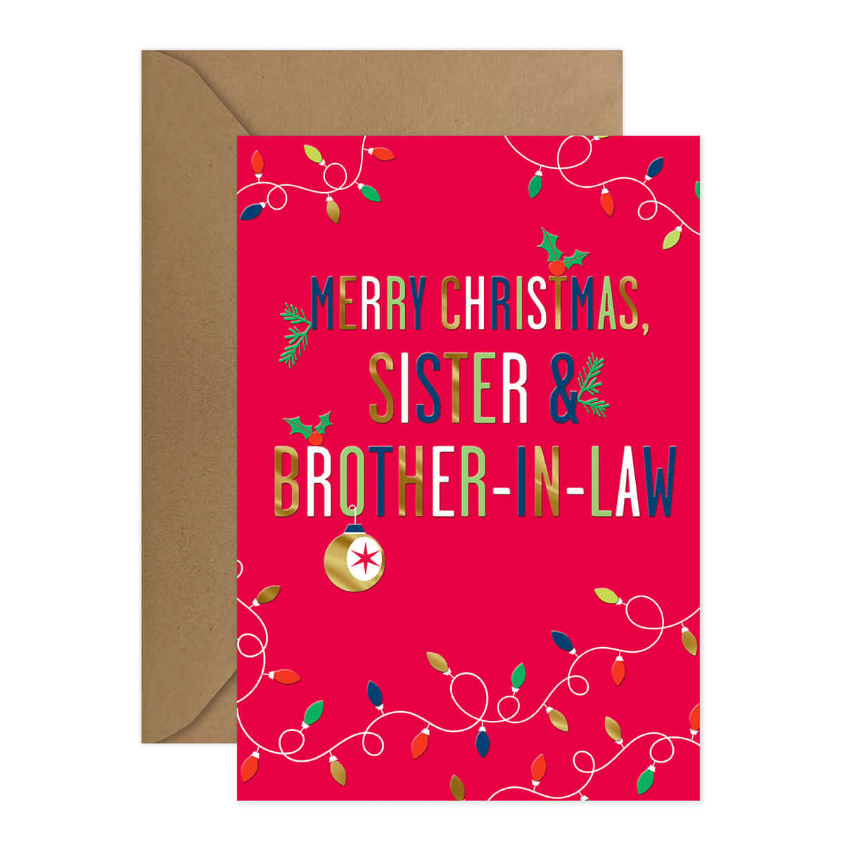 Hallmark Christmas Card - Sister & Brother-in-Law with textured design, gold foil accents, and festive Christmas lights on a bright background