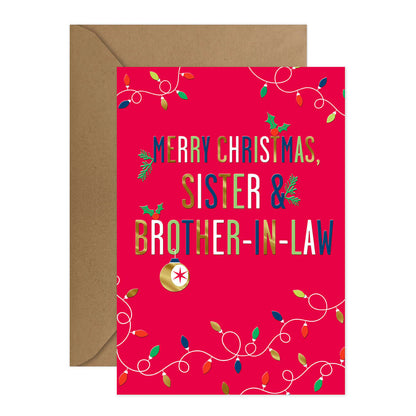 Hallmark Christmas Card - Sister & Brother-in-Law with textured design, gold foil accents, and festive Christmas lights on a bright background