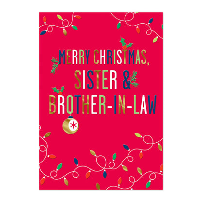 Hallmark Christmas Card - Sister & Brother-in-Law, vibrant red background with embossed text and colourful Christmas lights design