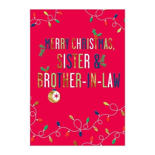 Hallmark Christmas Card - Sister & Brother-in-Law, vibrant red background with embossed text and colourful Christmas lights design