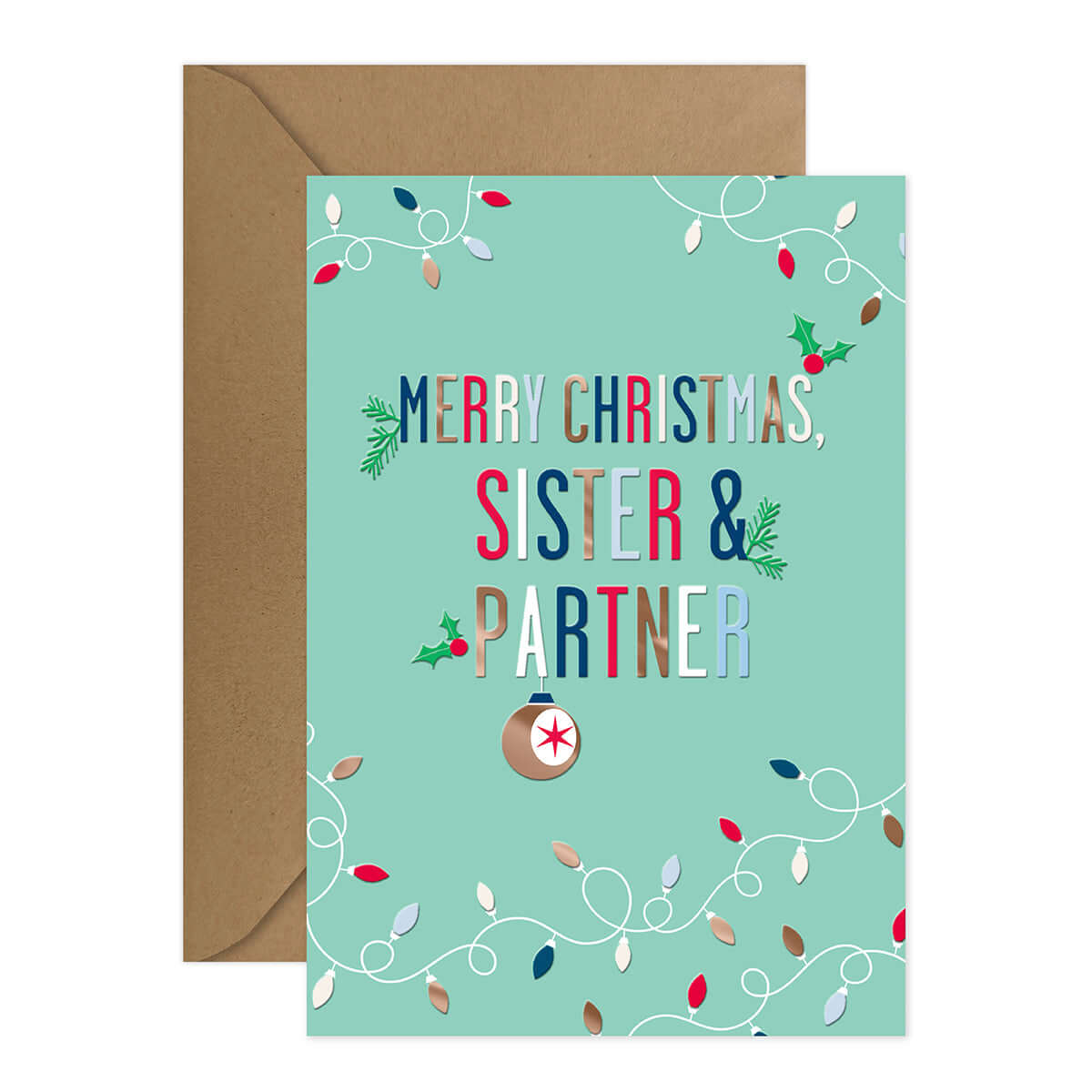 Hallmark Christmas Card - Sister & Partner featuring vibrant colours and decorative Christmas lights, packaged with a brown kraft envelope.