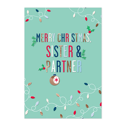 Hallmark Christmas Card - Sister & Partner, colourful design with festive text, embossed detailing, flat lay view