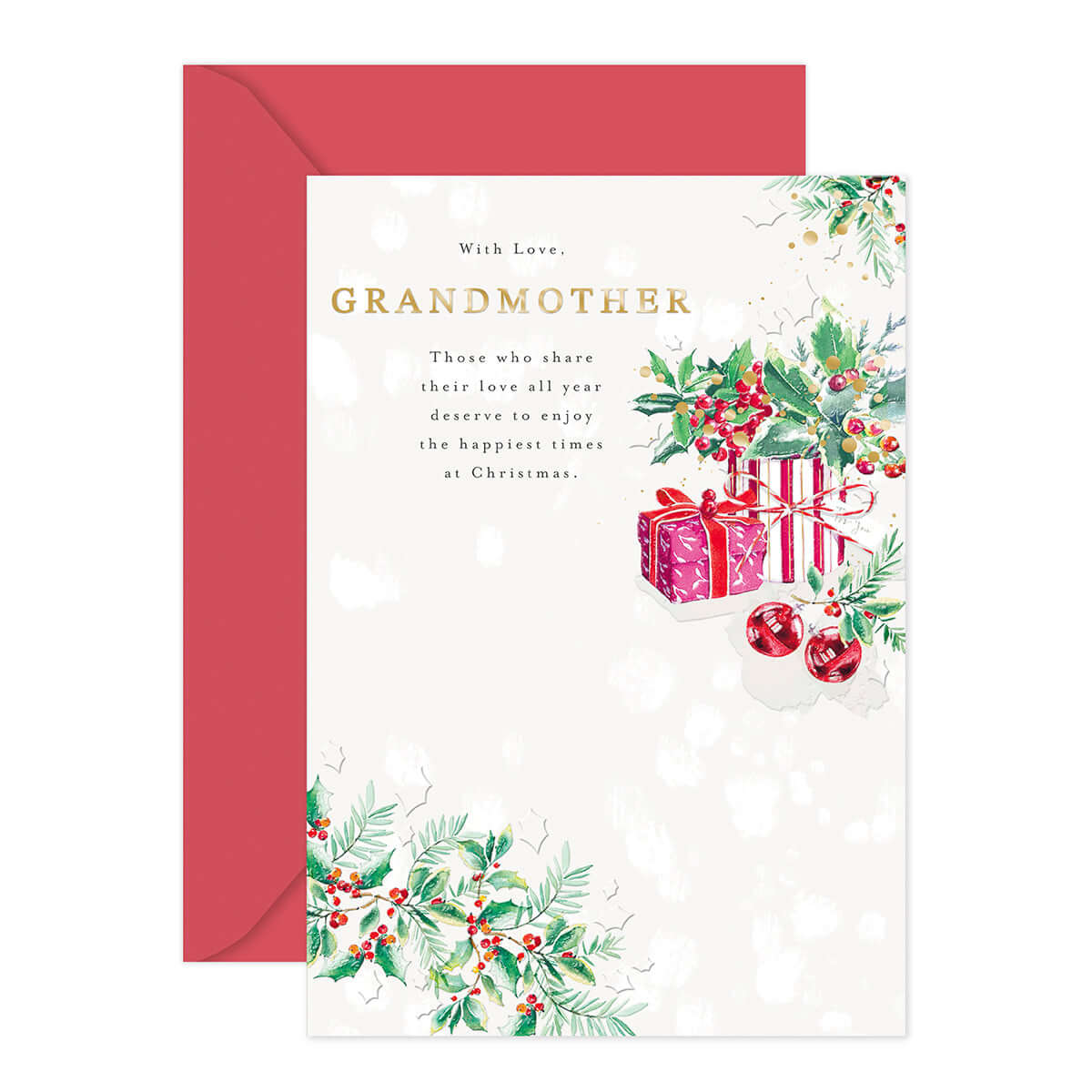 Hallmark Christmas Card - Grandmother featuring embossed holly and gifts design with gold foil highlights and a red envelope.