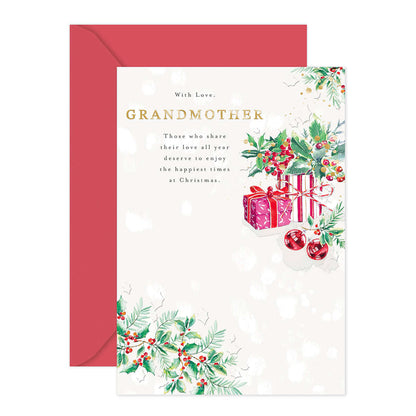 Hallmark Christmas Card - Grandmother featuring embossed holly and gifts design with gold foil highlights and a red envelope.