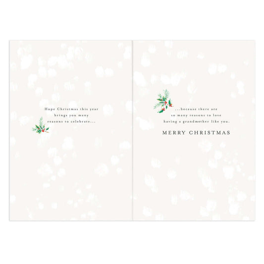 Hallmark Christmas Card - Grandmother interior message with floral illustrations in green and red on white background.