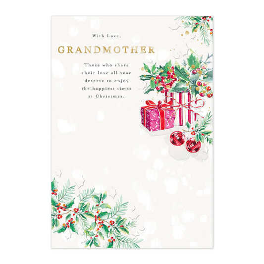 Hallmark Christmas Card - Grandmother, embossed design with gold foil, featuring Christmas holly, gifts, and a heartfelt message.