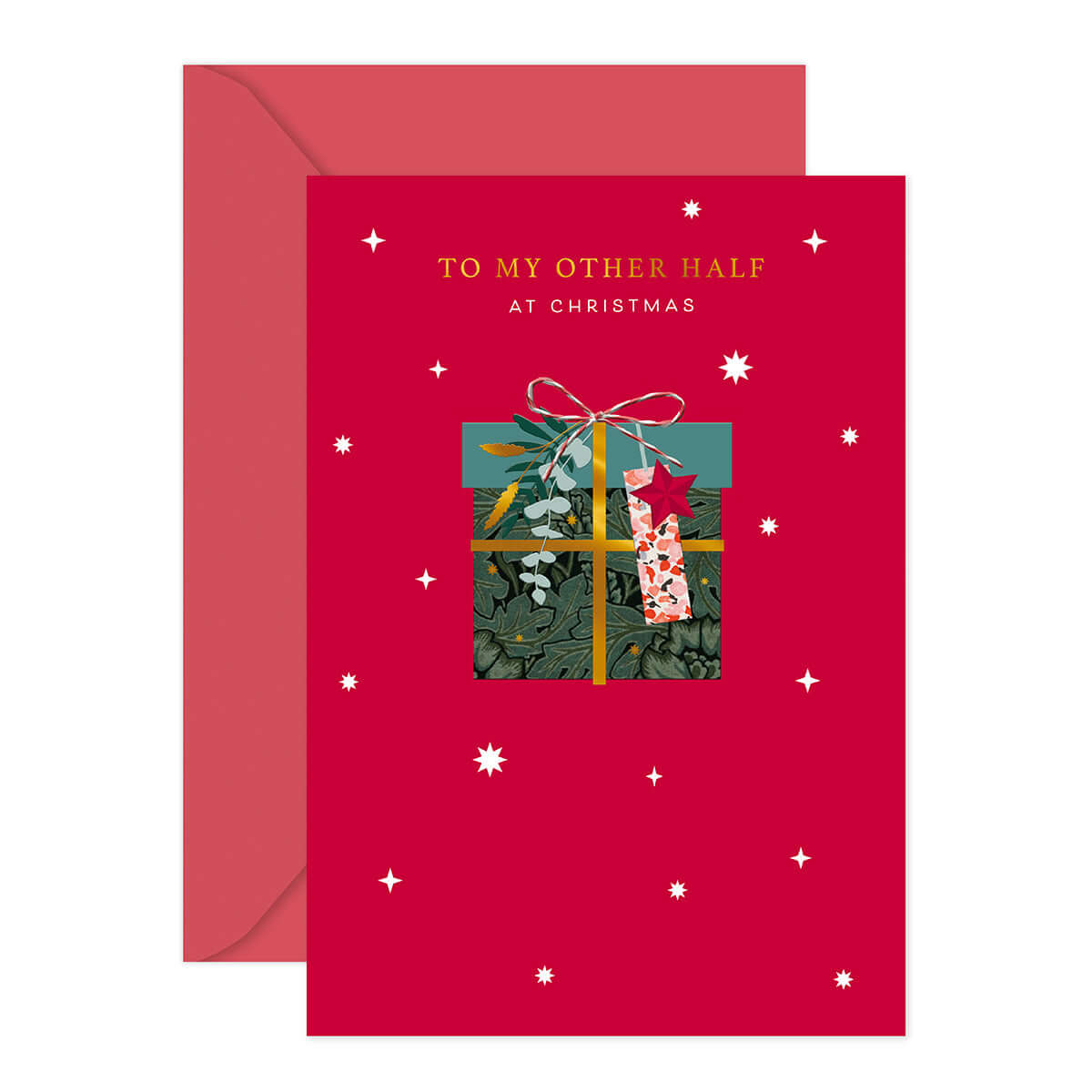 Hallmark Christmas Card - To my Other Half, red card featuring gold foil text and embossed gift design, presented with a red envelope.