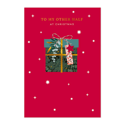 Hallmark Christmas Card - To my Other Half with gold foil lettering and embossed gift design on a red background.