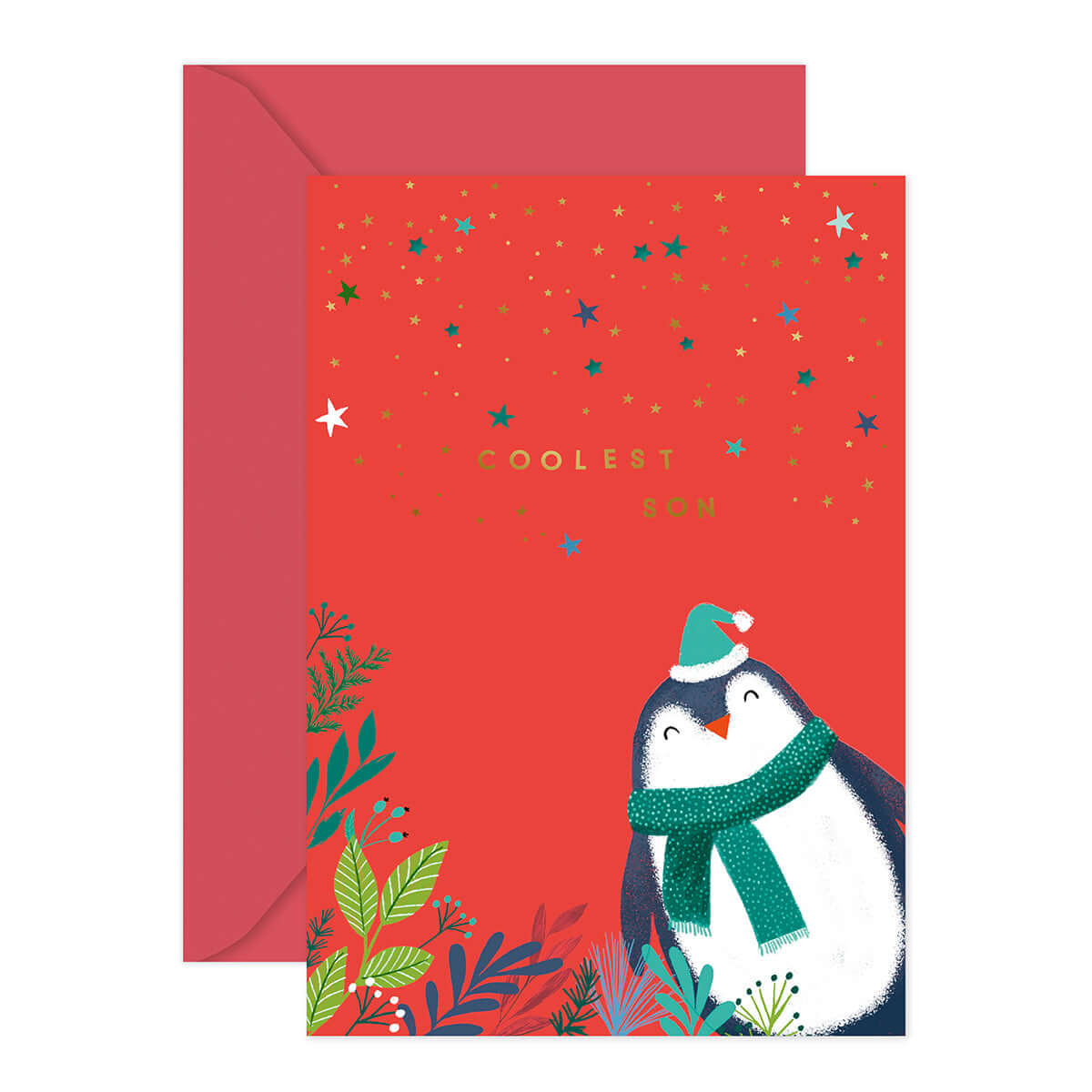 Hallmark Christmas Card - Son with cute penguin design, gold foil lettering, and red envelope, featuring festive colours and details.