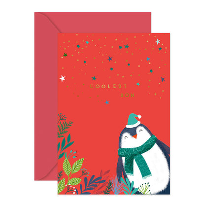 Hallmark Christmas Card - Son with cute penguin design, gold foil lettering, and red envelope, featuring festive colours and details.