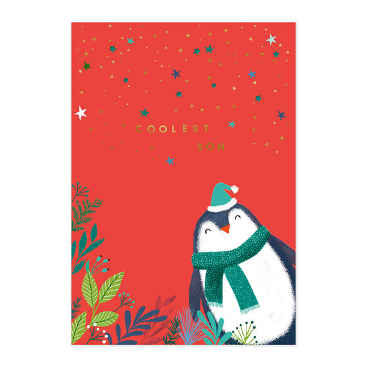 Hallmark Christmas Card - Son with cute penguin, red background, and gold foil text 'Coolest Son' on front.