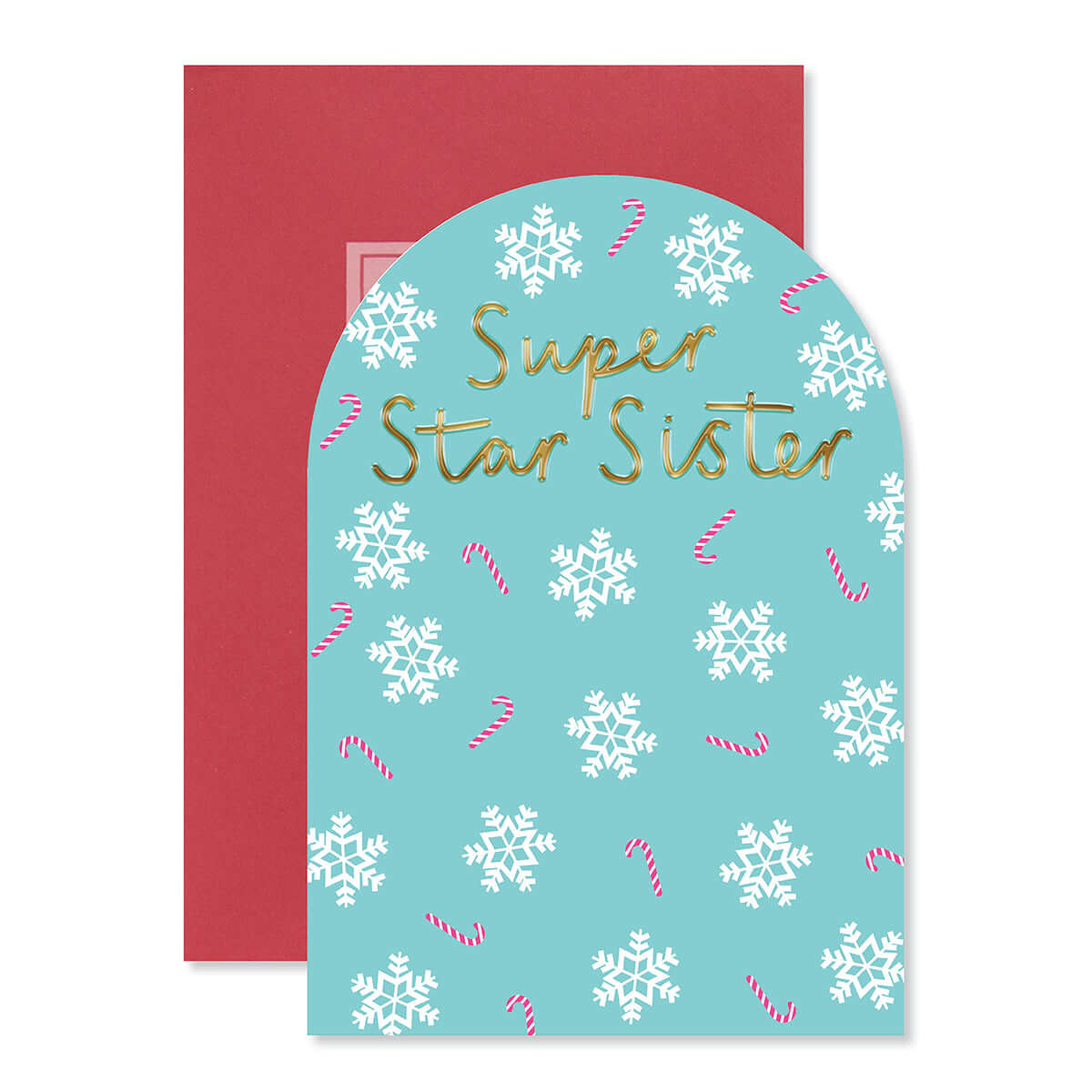 Hallmark Christmas card for sister - Super Star! with an arch shape, featuring gold foil text and festive snowflake and candy cane illustrations.
