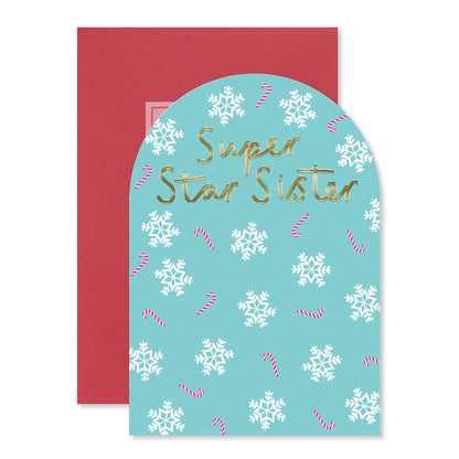 Hallmark Christmas card for sister - Super Star! with an arch shape, featuring gold foil text and festive snowflake and candy cane illustrations.