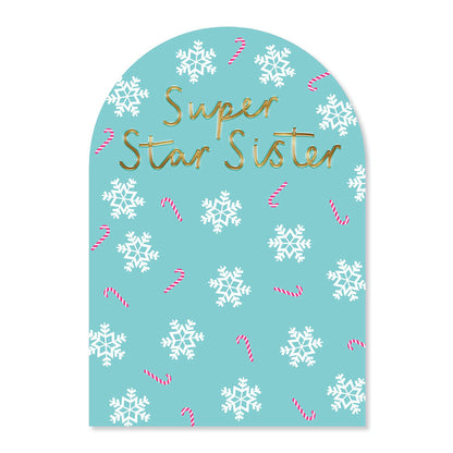 Hallmark Christmas card for sister - Super Star! with gold foil text, snowflakes and candy cane design in arch shape.