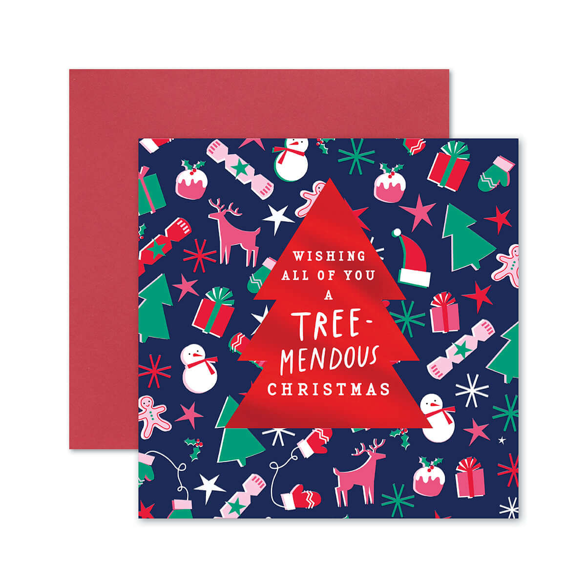 Hallmark Christmas Card For All - Treemendous featuring colourful illustrations, red foil highlights, and holiday motifs.