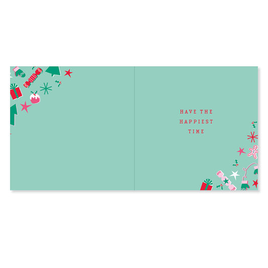 Hallmark Christmas Card For All - Treemendous inner design featuring colourful ornaments and 'Have the happiest time' message.