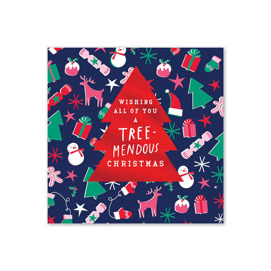 Hallmark Christmas Card For All - Treemendous featuring colourful festive illustrations on a navy background, square design, showing vibrant decorations.