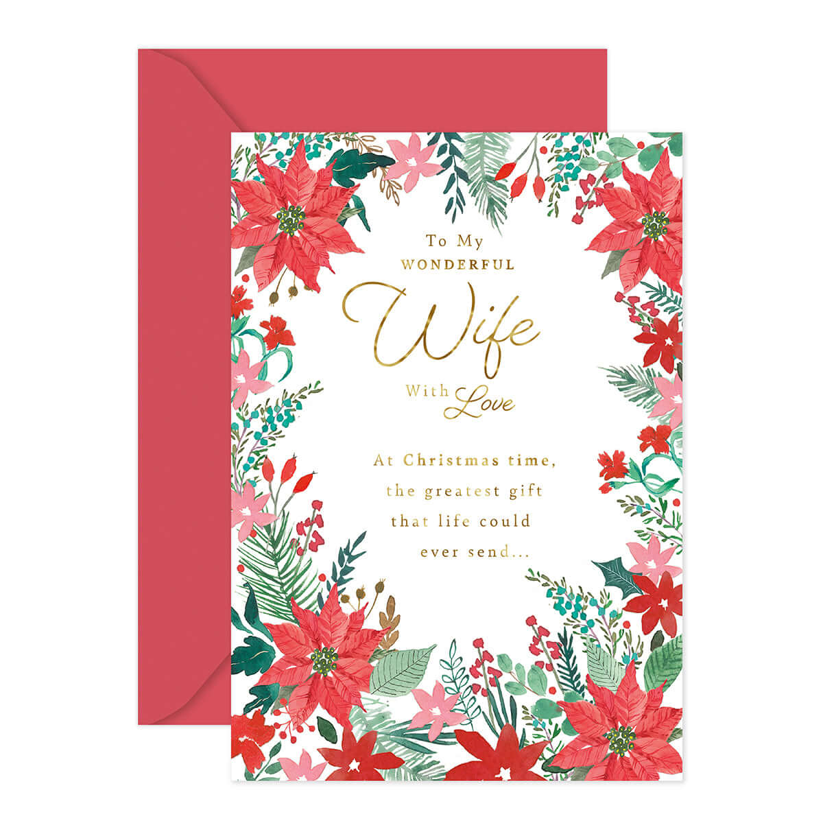 Hallmark Christmas Card - Wonderful Wife, colourful floral design with gold foil text, featuring red envelope, flat lay view.