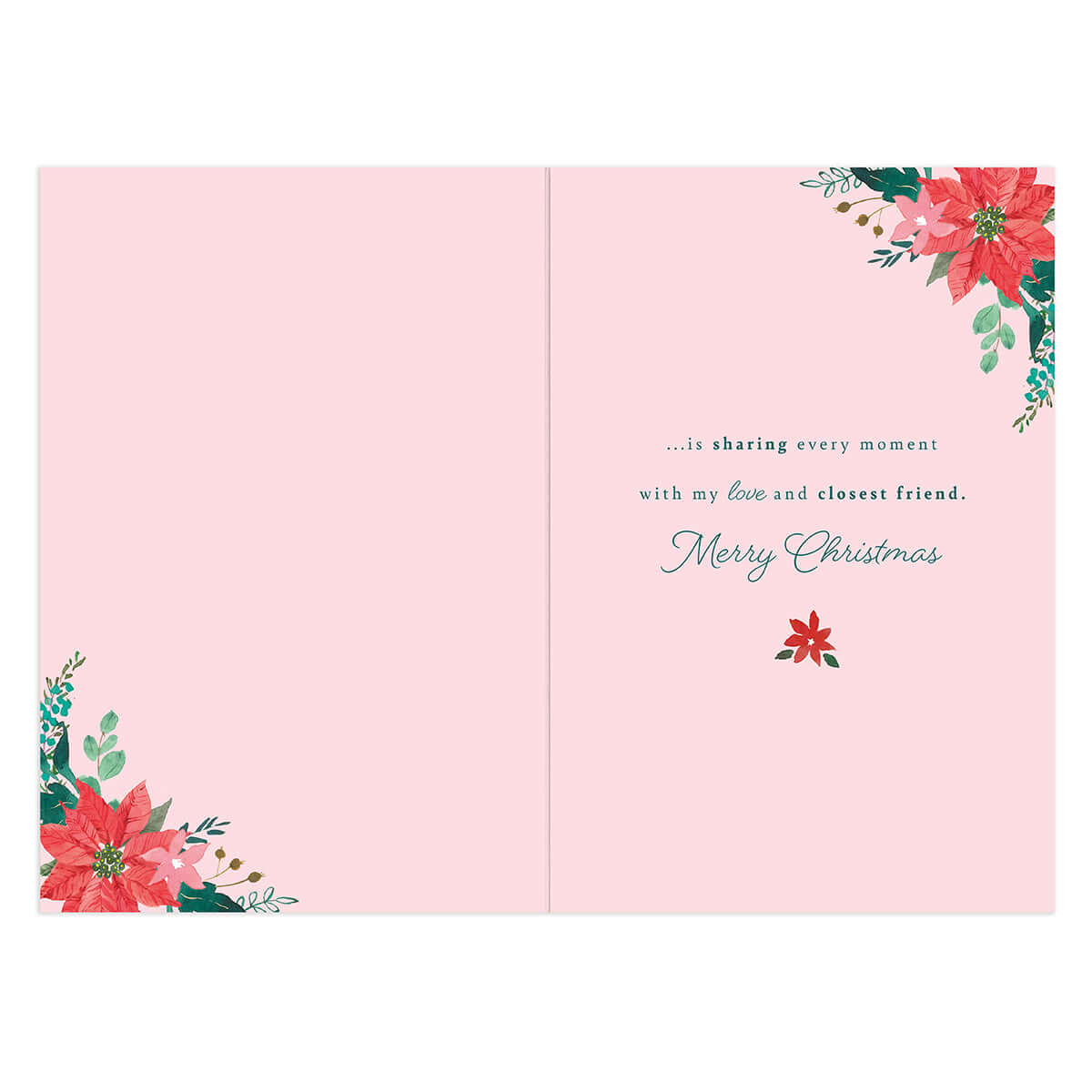 Hallmark Christmas Card - Wonderful Wife, inside view, features pink background, floral design, and heartfelt message for Christmas.
