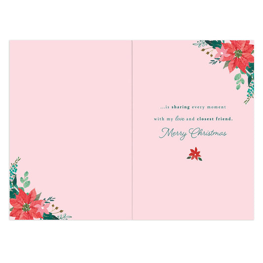Hallmark Christmas Card - Wonderful Wife, inside view, features pink background, floral design, and heartfelt message for Christmas.