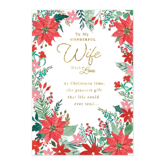 Hallmark Christmas Card - Wonderful Wife featuring a colourful floral design with embossed details and gold foil highlights.