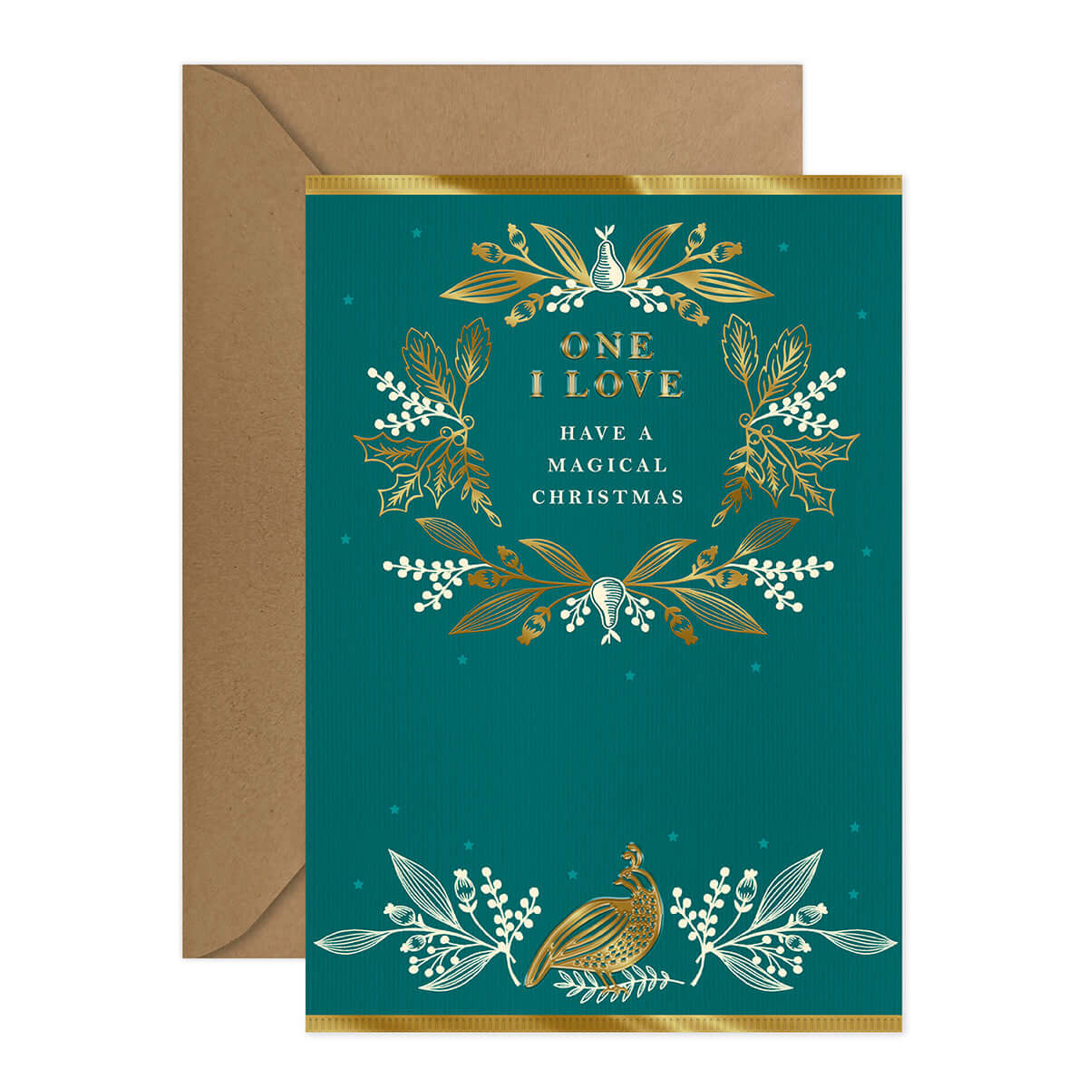 Hallmark Christmas Card - One I Love with gold foil design on turquoise background and brown kraft envelope.