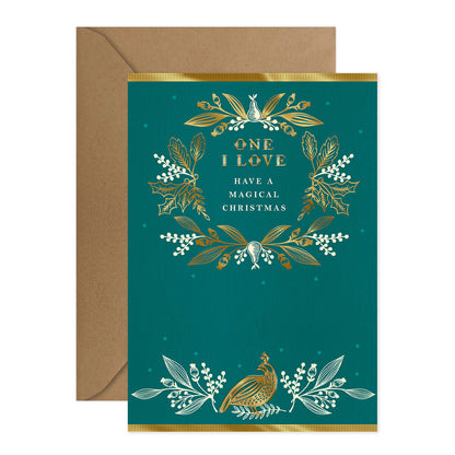 Hallmark Christmas Card - One I Love with gold foil design on turquoise background and brown kraft envelope.