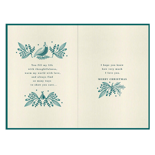 Hallmark Christmas Card - One I Love, elegant design, printed message, showcasing intricate illustrations and gold accents inside.