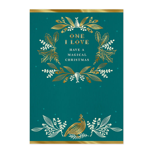 Hallmark Christmas Card - One I Love in teal with gold wreath design and text for a magical Christmas greeting.