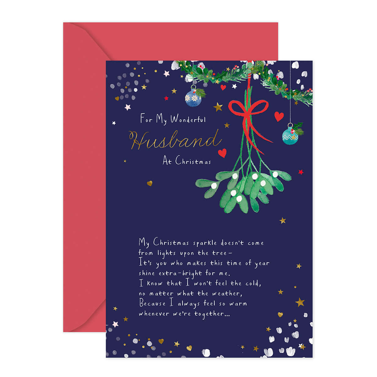 Hallmark Christmas card - Wonderful Husband with gold foil mistletoe illustration and pink envelope, flat lay view.