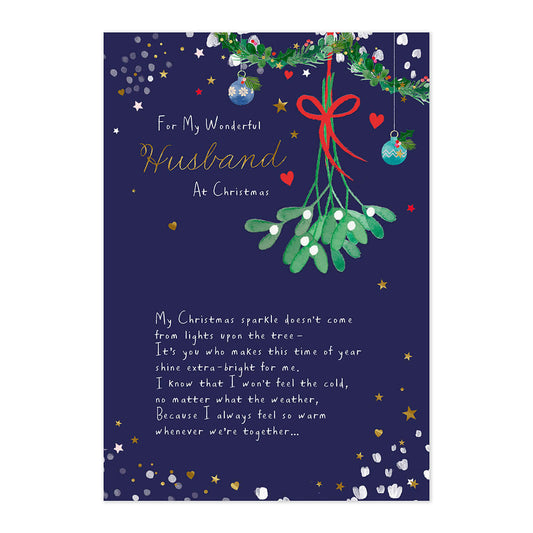 Hallmark Christmas Card - Wonderful Husband featuring embossed mistletoe and gold foil highlights on a navy background.